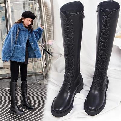 Moda FHC Moda INS Botas hasta la rodilla,Botas de caballero para mujer,Zapatos de invierno de felpa gruesa,Estilo británico,Tacón cuadrado,Cordones delanteros,Negro,