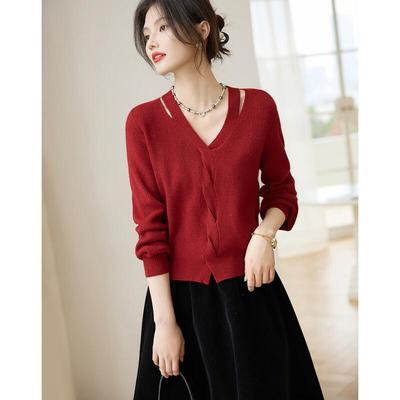 Damen V-Ausschnitt Hohlstrick Zopfmuster Pullover