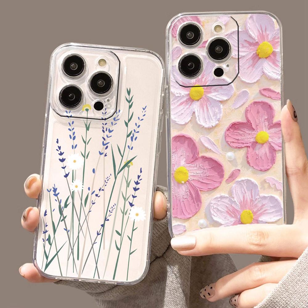 Rose Flower Oil Painting Phone Case For Apple Iphone 16 Pro Max 17 15 Plus 16e 17Air Protection Clear Couple Transparent Cover