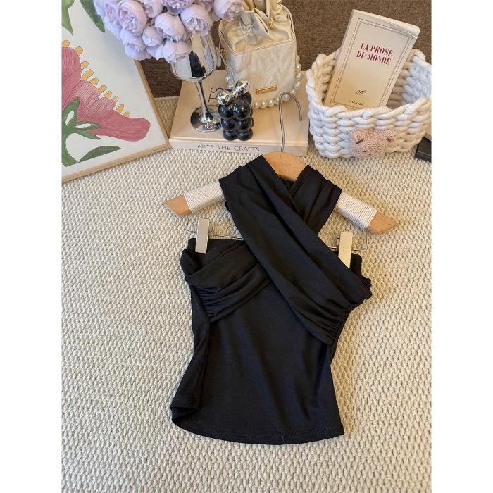 With chest pad, French temperament cross neck sling vest women's summer spice girl short slim-fit design top