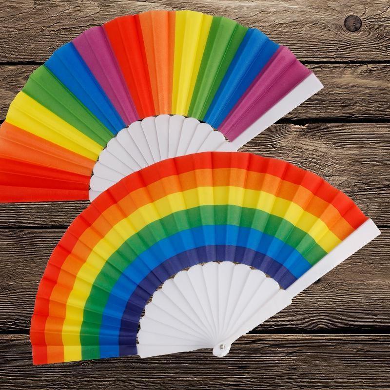 Rainbow Hand Crank Fan Foldable Oriental Style Silk Fabric Pocket Hand Fans Party Fovor Personality Dance Fan Gifts