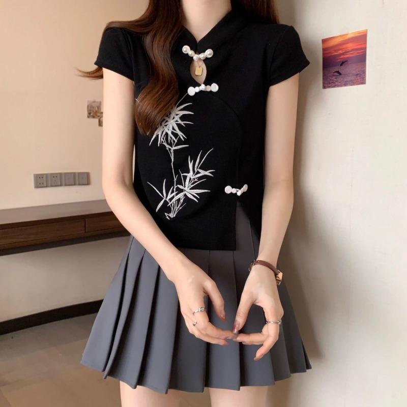 Top da donna in bambù ricamato stile qipao manica corta colletto alla mandarino spacco laterale casual aderente maglia blusa