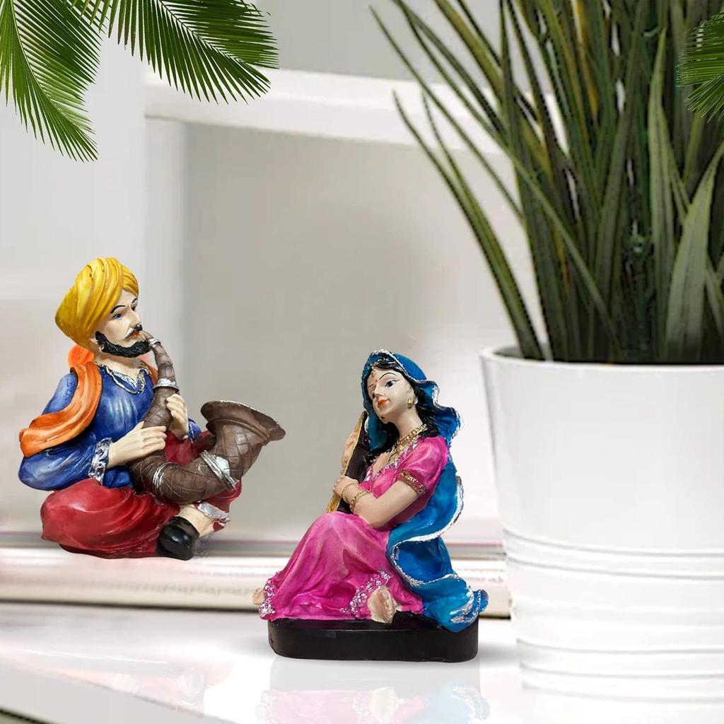 Rajasthanisches traditionelles Musikpaar Harz-Schauobjekt für Heimdekoration (2er-Pack, Mehrfarbig)
