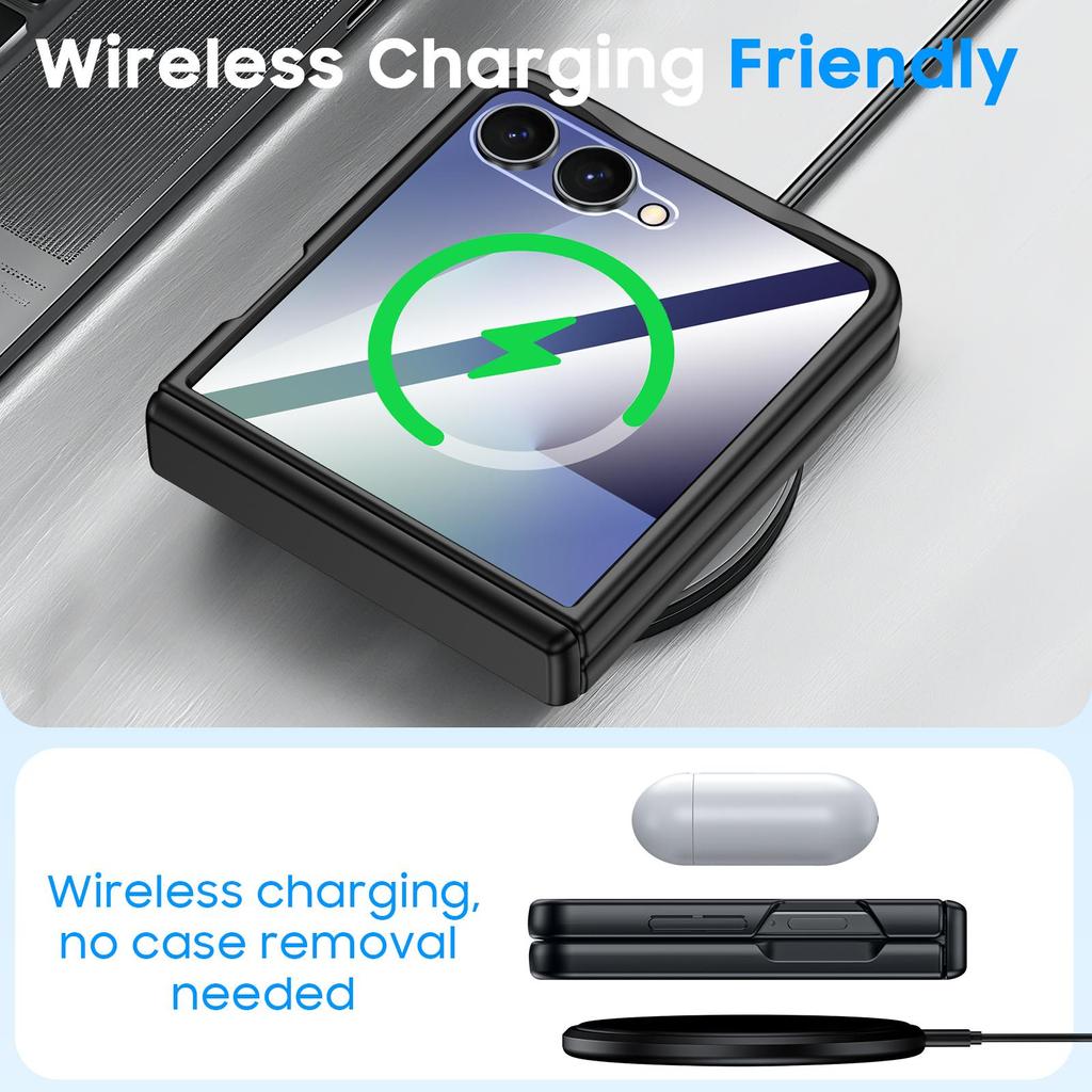 Translucent Matte Protective Case with Tempered Glass Screen Protector for Samsung Galaxy Z Flip 7, Hinge Protection Slim Cover-Black
