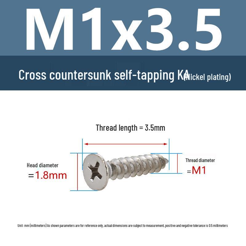 YiguYigu Nickel-Plated Phillips Flat Head Self-Tapping Screws M1-M5, Carbon Steel