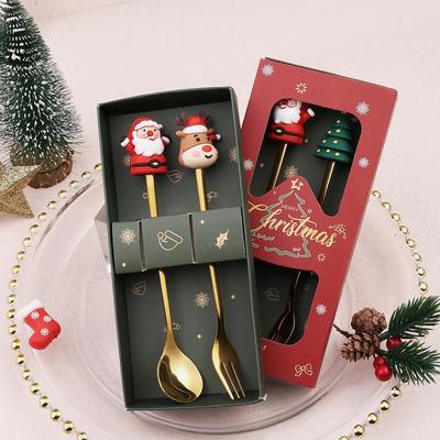 Cute Christmas Spoon Set Coffee Stirring Spoon Dessert Fork Creative Holiday Gift Box Tableware