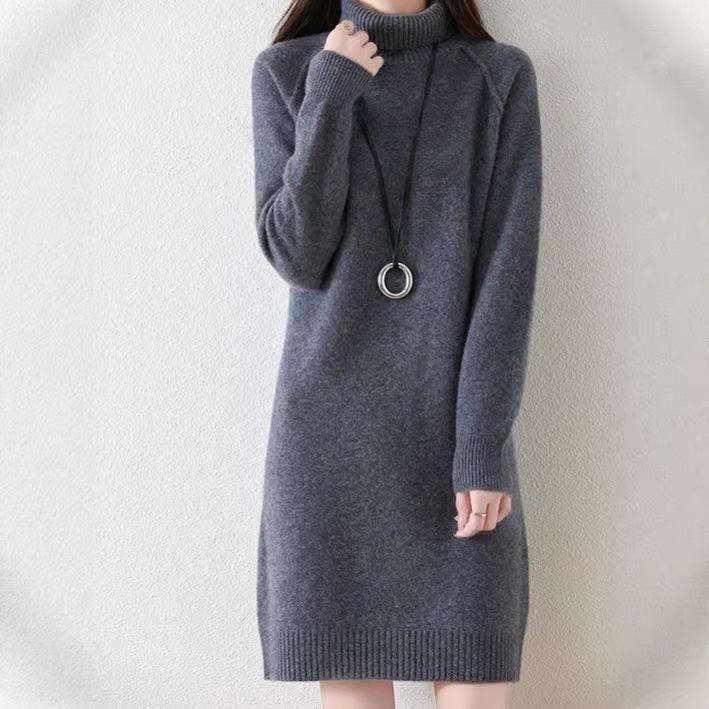 

2026 Autumn/Winter Korean High Neck Mid-Length Loose Knit Sweater Dress for Women One Size сірий колір