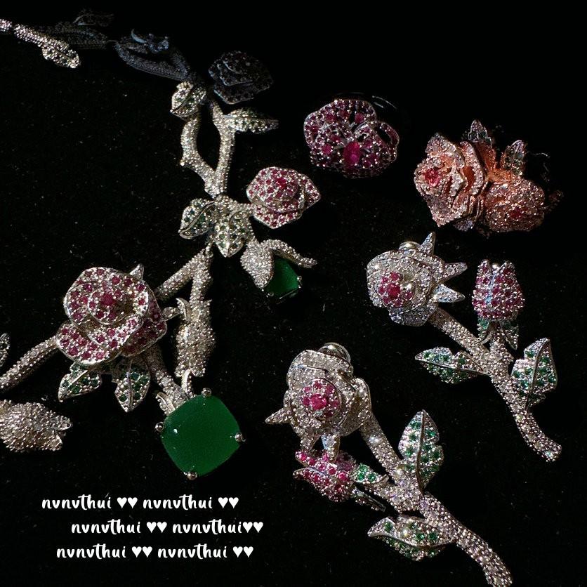Rouge Magenta Rose Gemstone, Necklace, Antique, Plated With 18K Gold, Vintage Flower Para Zircon, Earrings.