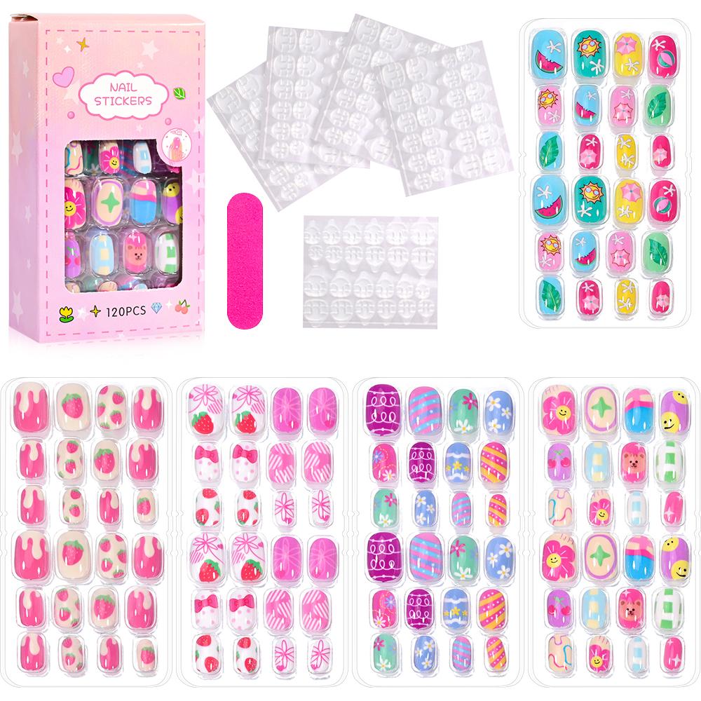 120Pcs Kids French Tip Press On Nails Short Round Pink Black Heart Flower Design Reusable False Nail Tips