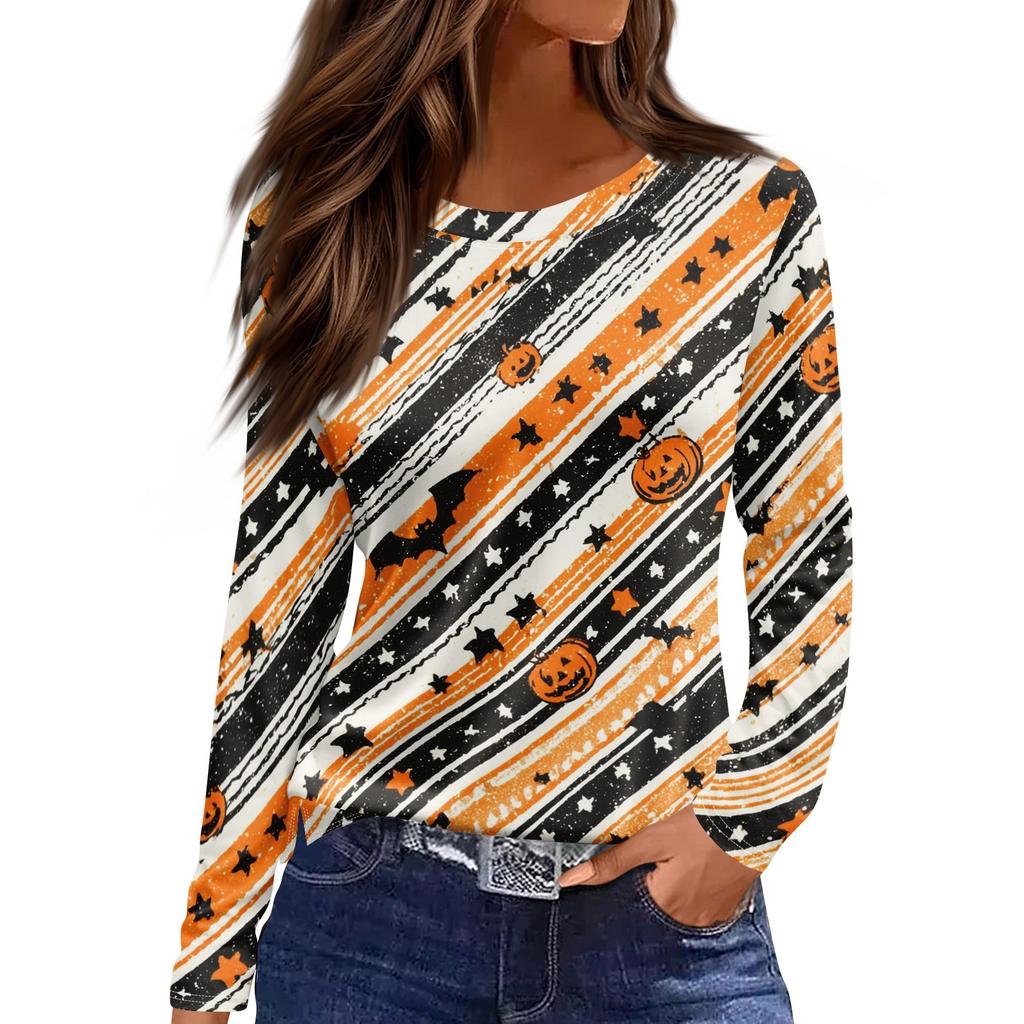 Women's Long Sleeve Halloween Print Top Split Hem Round Neck Casual Pullover Shirt with Festive Graphic Design for Seasonal Wear