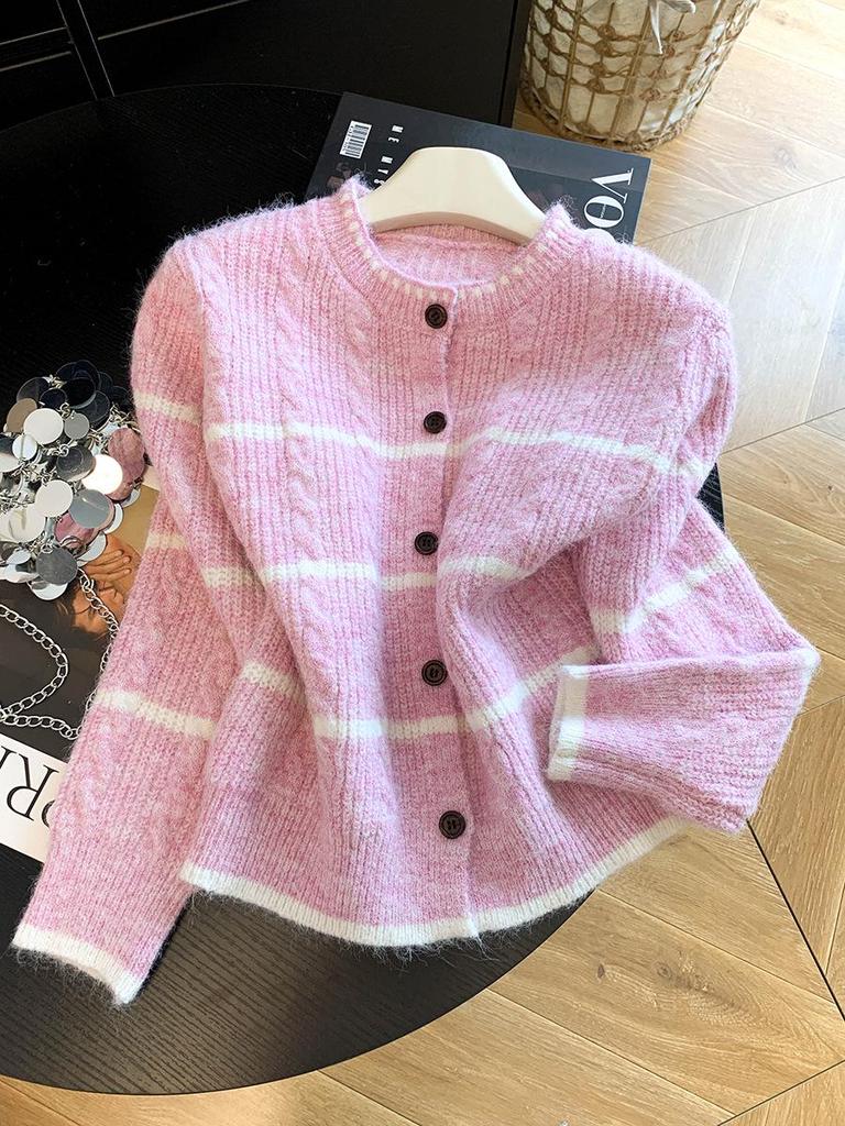 2026 Autumn Korean Style Loose Striped Knit Cardigan Women's Trendy Sweater Coat
