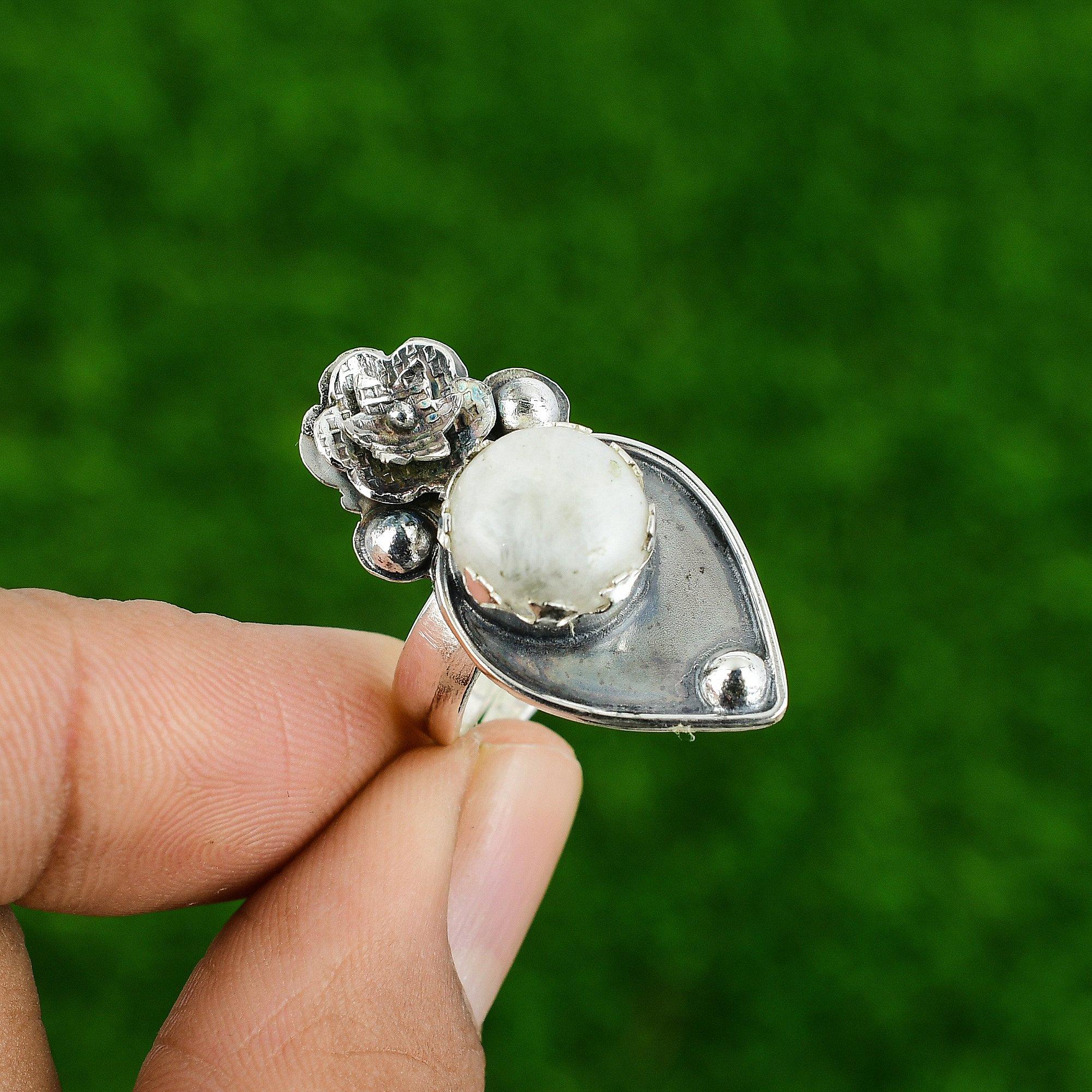 

925 Silver Natural Rainbow Moonstone Stackable Flower Adjustable Ring Adjustable
