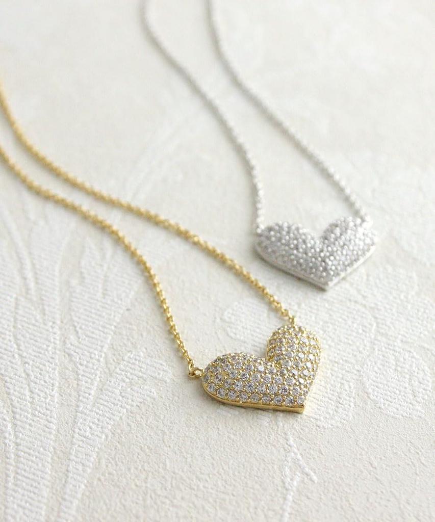 [VINGTAINE] Pave Heart Necklace, Slide Adjuster, Slider Chain, Pave Design, Cute C2-47-G