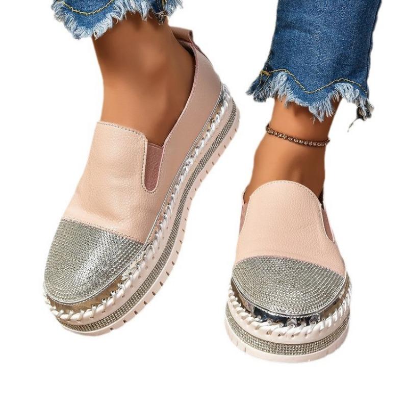 Large Size Casual Single Shoes Women's Spring and Autumn New Thick-soled Flat-bottomed Rhinestone Fashion Women's Shoes