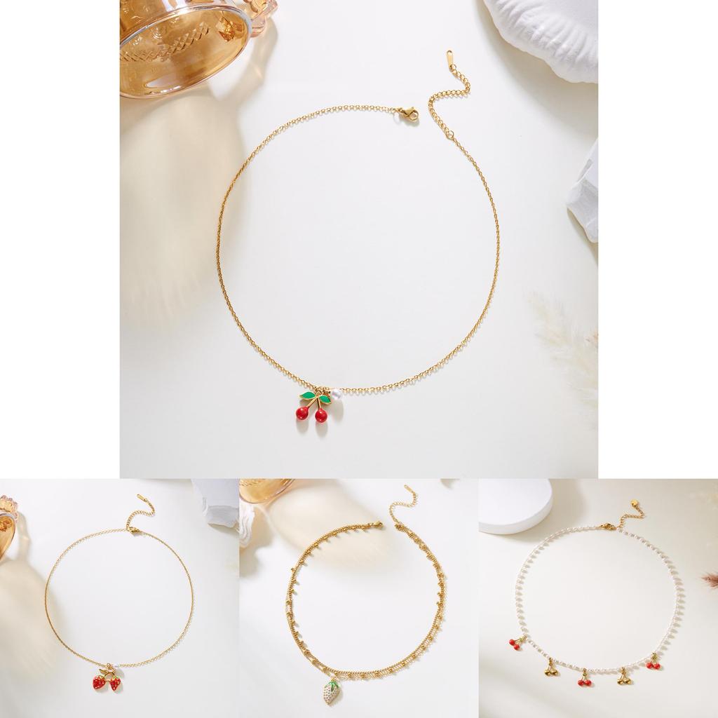 Strawberry Cherry Water Crystal Pendant Necklace Pack With Multilayer Stainless Steel Chain For Summer Wear