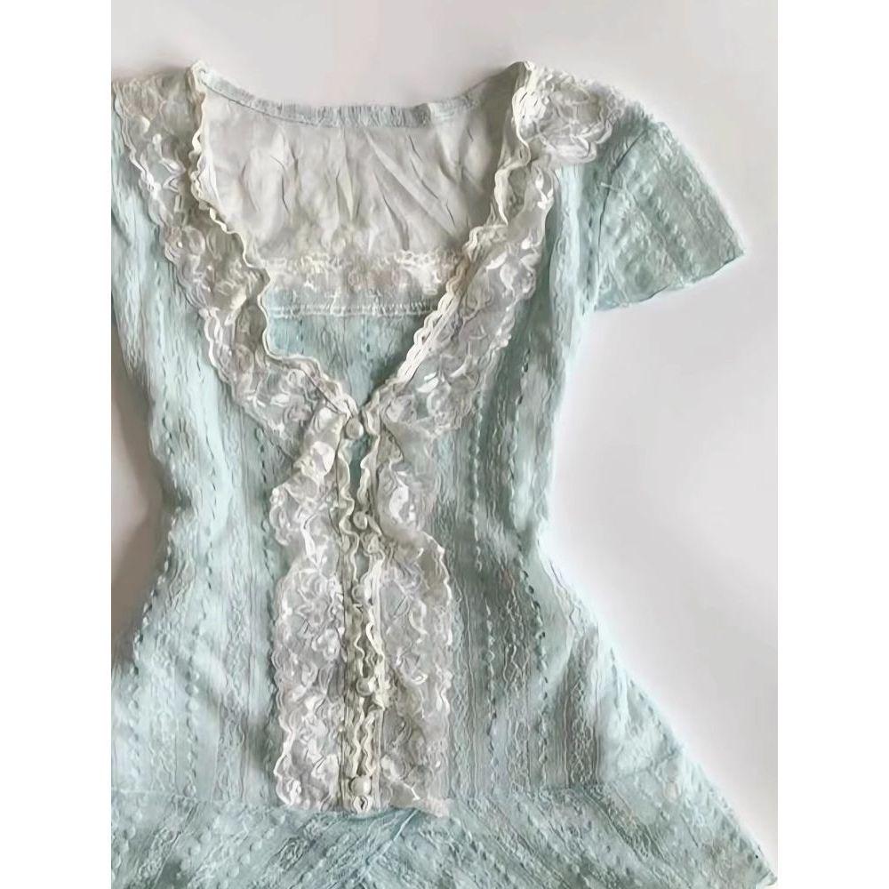Vintage Lace Ballet Mini Skirt & Mint Top Set