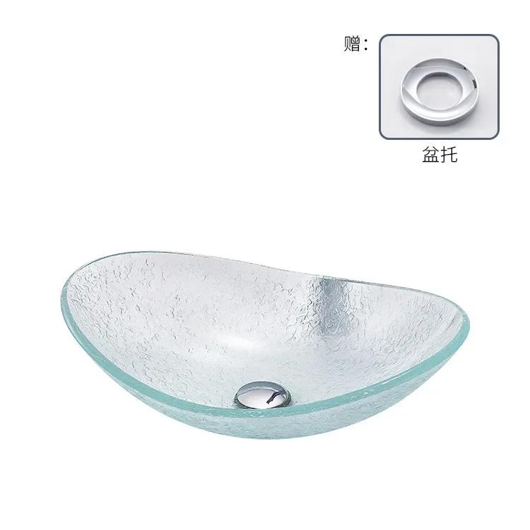 

Закаленная стеклянная раковина для гостиничного минимализма, креативная художественная раковина, прозрачная хрустальная столешница, овальная раковина для ванной комнаты со сливной трубой
