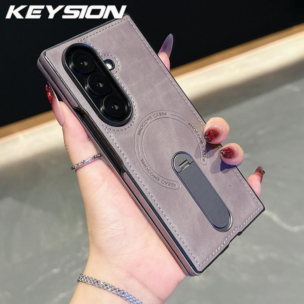 

KEYSION Роскошный ретро чехол из ПУ кожи для Samsung Galaxy Z Fold 7 6 5 4 3 5G, вращающаяся на 360° подставка, противоударная задняя крышка для телефона for Galaxy Z Fold 3 серый