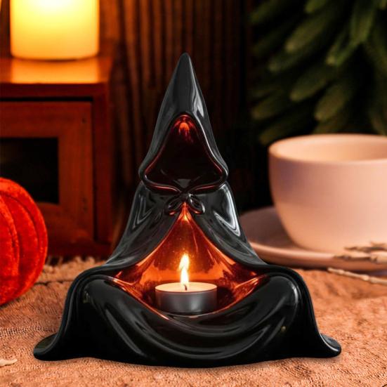 Mystic Wizard Candle Holder Halloween Hooded Cloak Tealight Holder Gothic Candlestick Ornament for Home Tabletop Decor