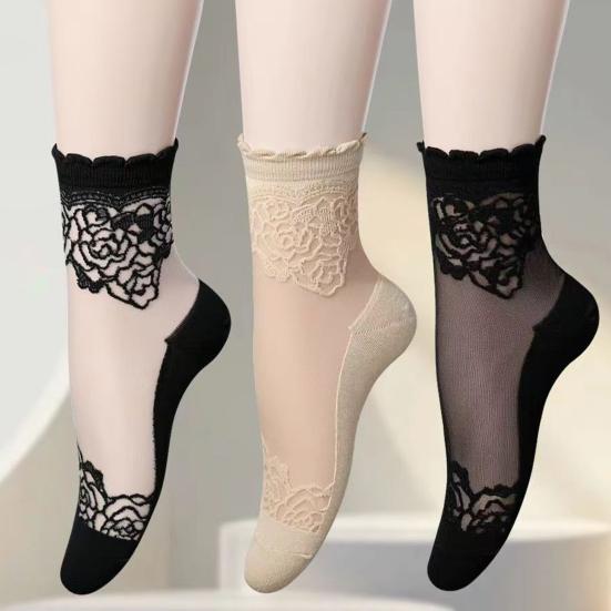 5 Pairs Lace Ankle Socks for Women Summer Sheer Mesh Socks Transparent Thin Floral Lace Ruffle Socks