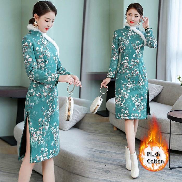 Cheongsam de Haute Qualité Robe Chinoise Vintage Robe à Manches Longues Robe Féminine Qipao Robe Slim Fourreau Hanches P