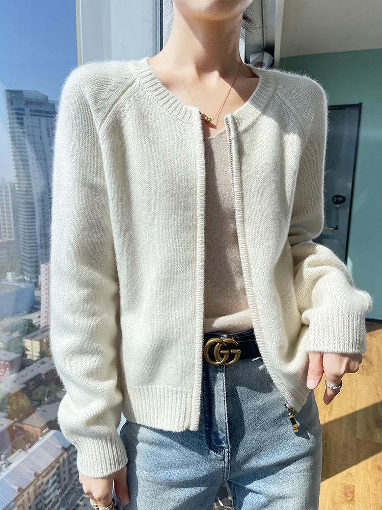 Korean Style Retro Round Neck Knit Cardigan for Women - Petite Autumn High Waist Zip Sweater