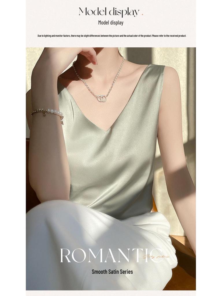 Women's V-Neck Silk Satin Camisole Top - Sleeveless Triacetate Base Layer for Spring.