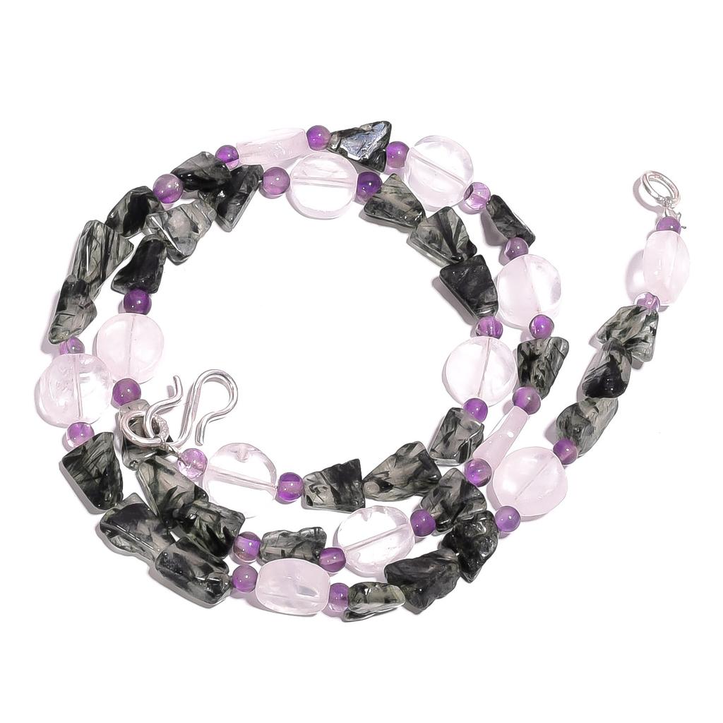 Natural Black Rutile Amethyst Rose Quartz Gemstone Beads Necklace 17" UB-4022 UB-4022