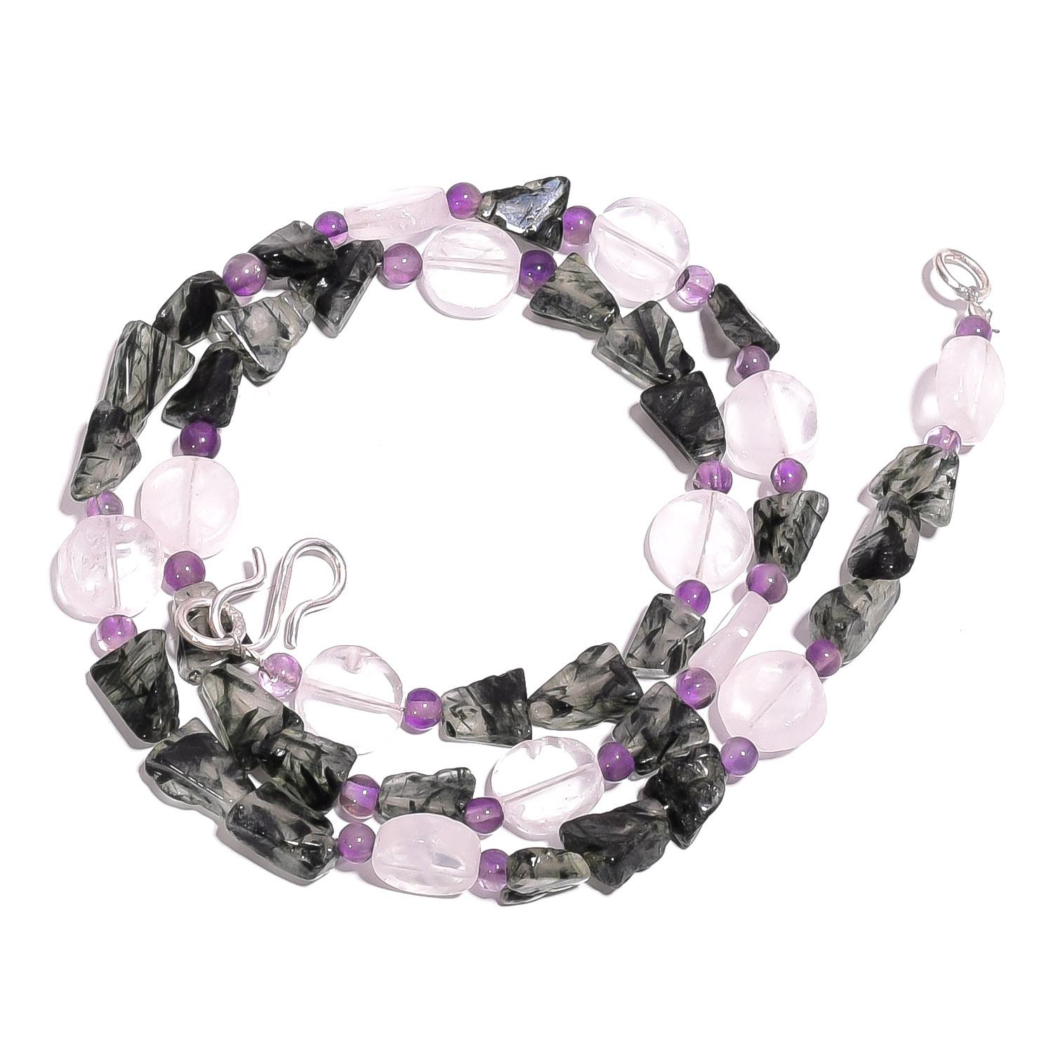 

Natural Black Rutile Amethyst Rose Quartz Gemstone Beads Necklace 17 UB-4022 UB-4022
