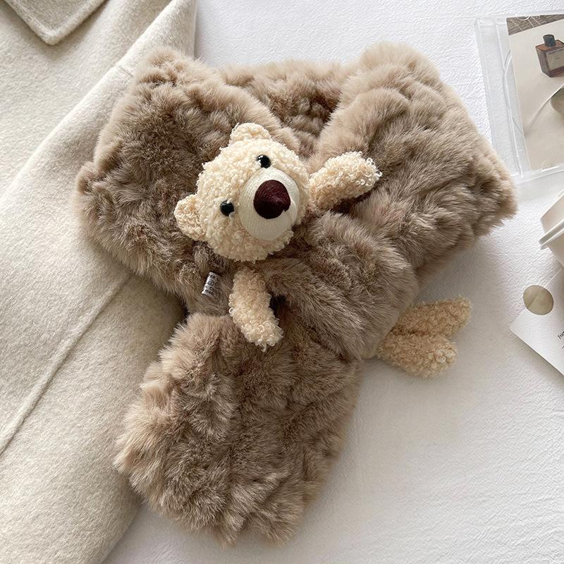 Milk Fufu Cute + Bear Fluffy Scarf Winter Thickened Plush Children's Cartoon Warm Cross Scarf Girl
