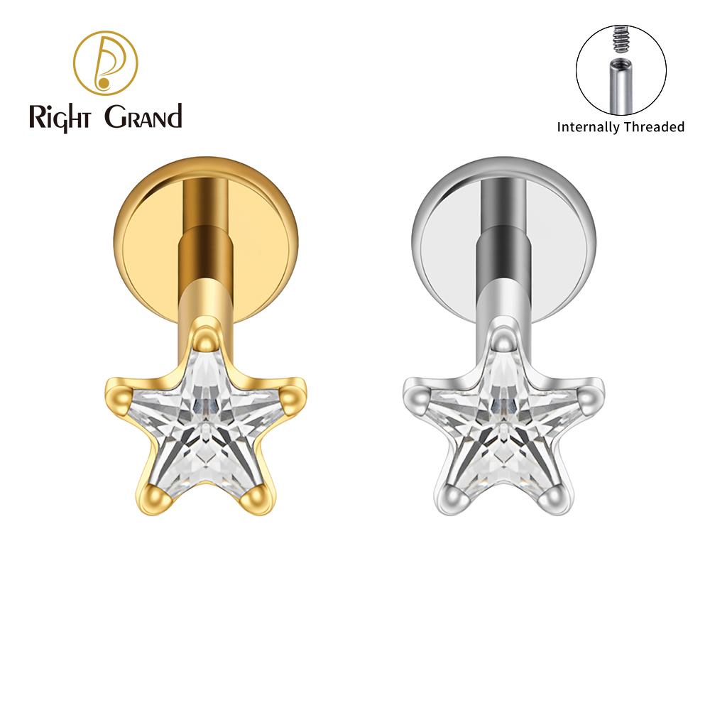 Right Grand ASTM F136 Titanium Star CZ Cartilage Earring 16G Dainty Star Flat Back Stud Tragus Conch Helix Nose Labret Piercing