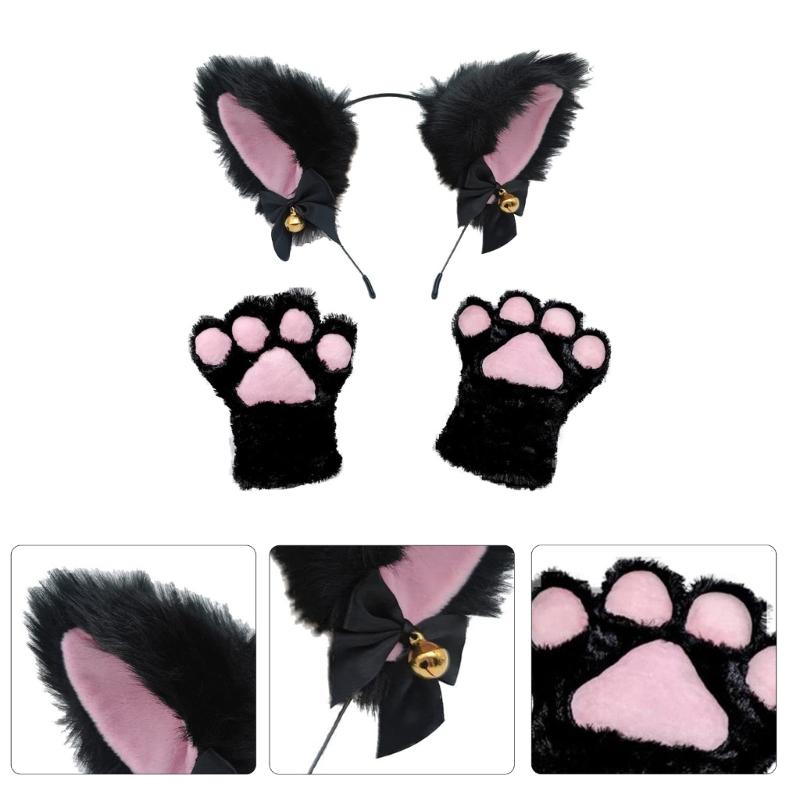 Cat Ears Headband and Furry Paws Gloves Halloween Party Costume Accessories