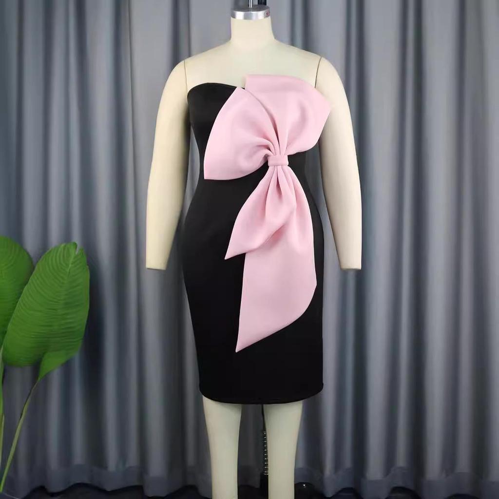 European and American Strapless Color Block Off-the-Shoulder Evening Dress with Bow