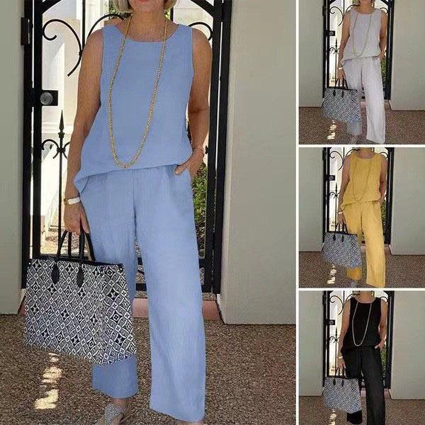 Plus Size Sleeveless Cotton Linen Casual Outfit Set