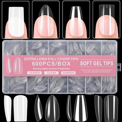600Pcs Full Cover Press On Nail Tips Stiletto Almond Square Coffin French False Fake Soak Off Gel Nail Extension Tips Capsule