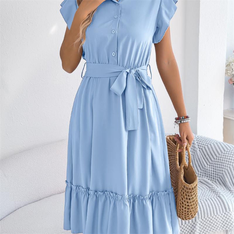 2026 Spring/Summer Women's Stand up Collar Ruffle Lace Waist Shirt Skirt S-XL