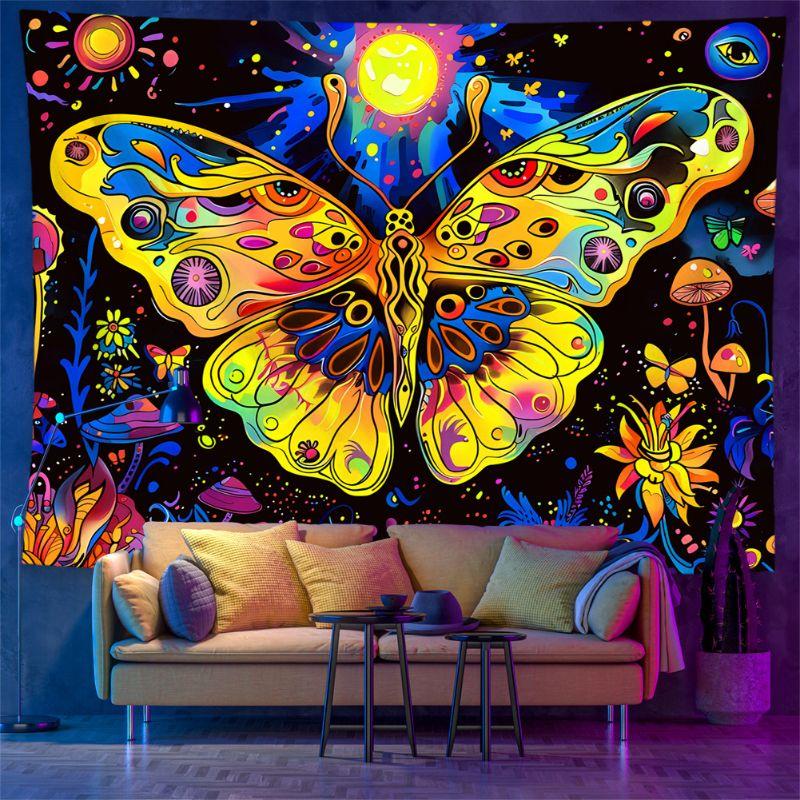 Blacklight Mushroom Butterfly Tapestry Wall Hanging for Bedroom Gaming Room Party UV Reactive Psychedelic Decor 100X70CM