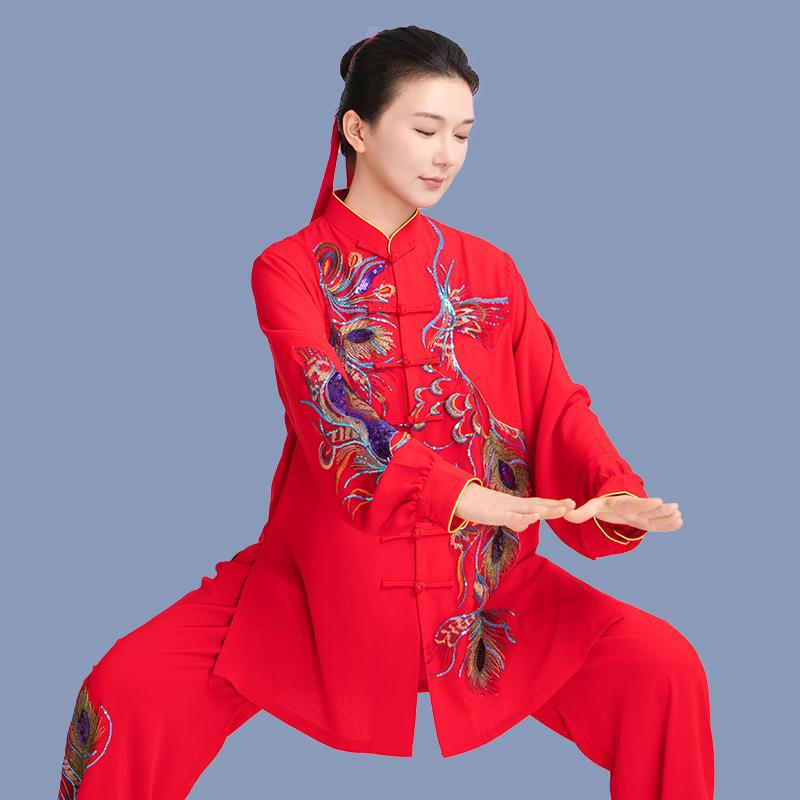 Китайский Кунг-фу Тай Чи Тренировочный Костюм Боевые Искусства Тайцзицюань Ушу Униформа Вышивка Цветами Пайетки Топы+Брюки Комплект S