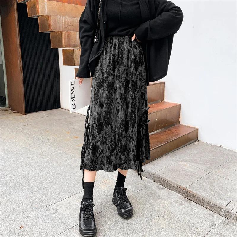 Autumn Vintage Print Summer Skirts Lace Up High Waist Long Midi Skirt Corduroy Midi Length Korean Elegant Office Streetwear Z339