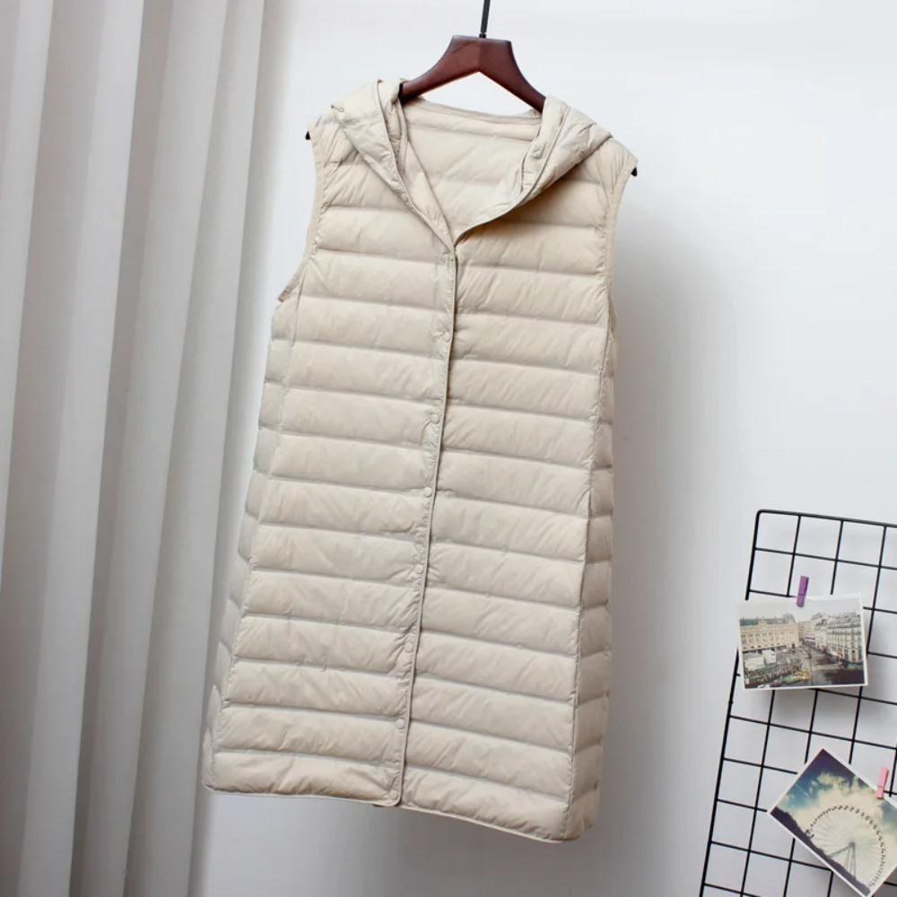 Women Ultra Light Down Long Vest with Hood Casual Slim Waistcoat 90% White Duck Down Gilet
