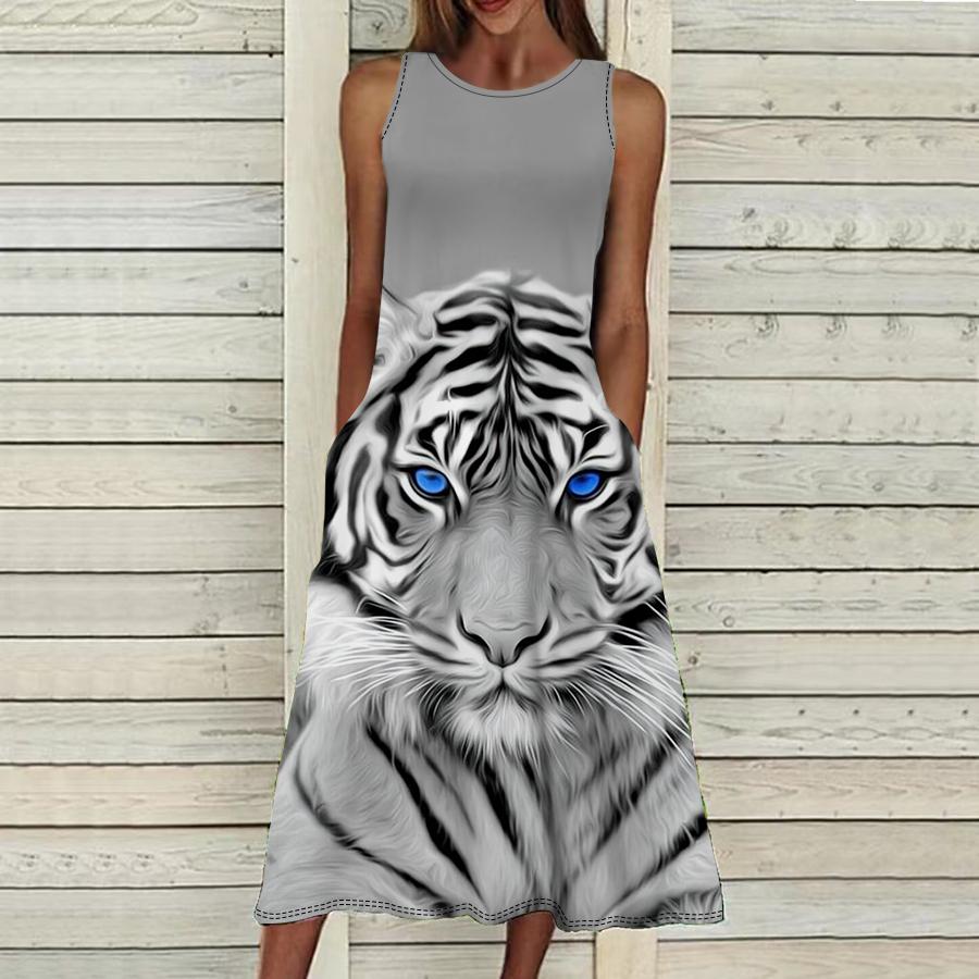 

Летнее модное сексуальное платье без рукавов, мягкое повседневное платье с 3D свирепым тигровым принтом, платье на бретельках без рукавов, летнее платье на подтяжках