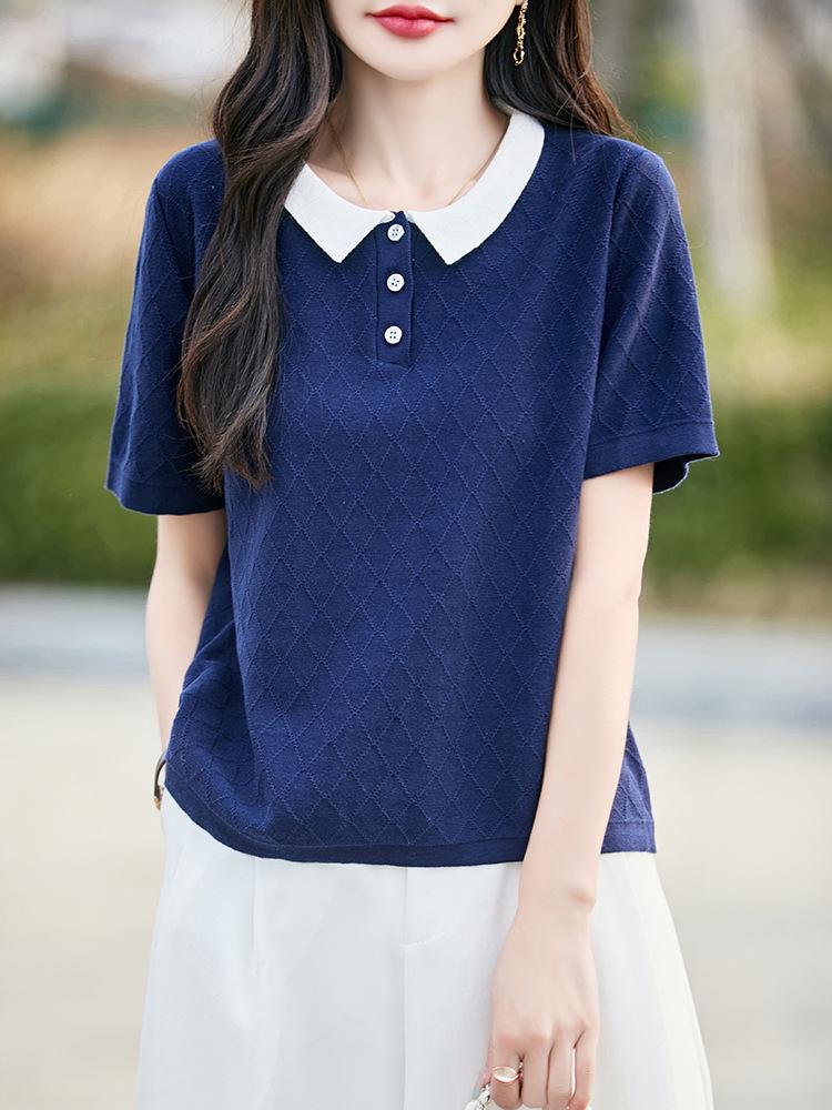 Women's Summer Short-Sleeve Cotton Polo with Contrast Collar