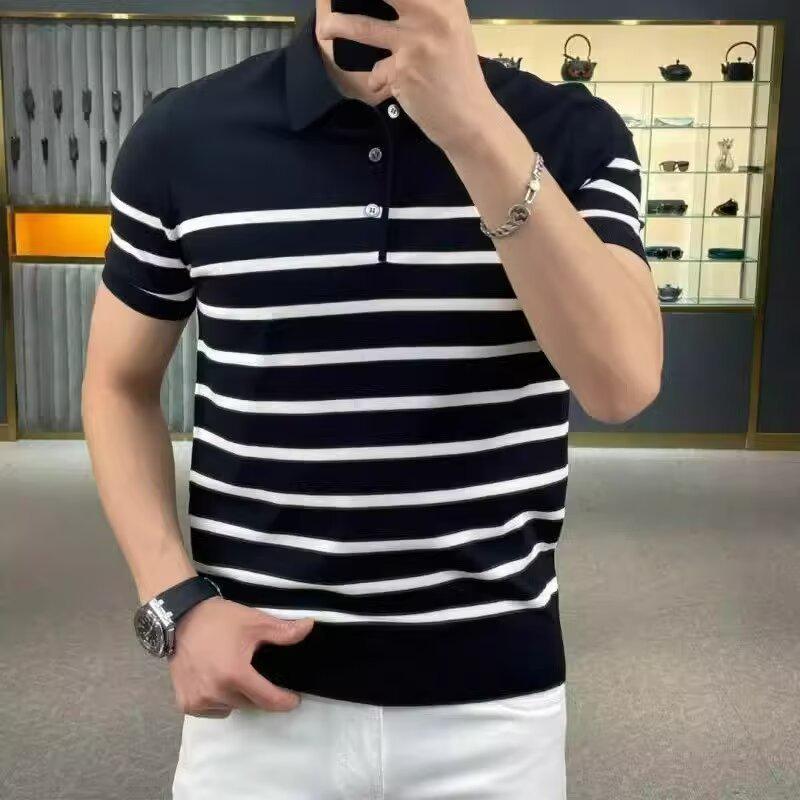 Men's Ice Silk Striped Polo Shirt - Light, Short-Sleeved, Summer 2024 Trend