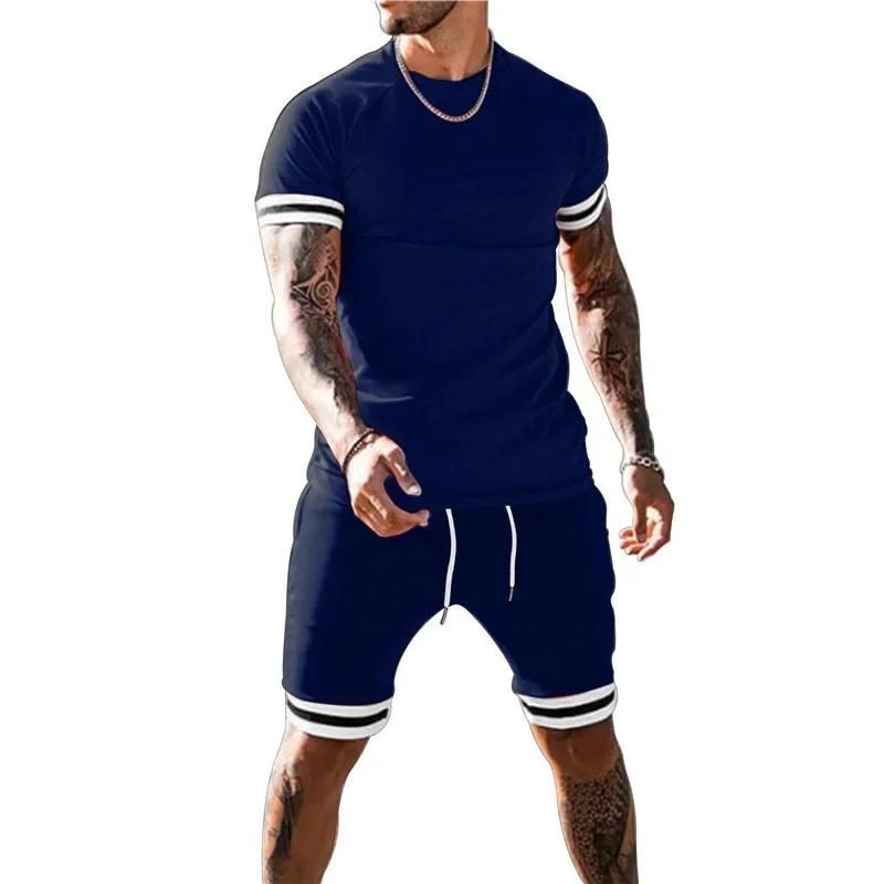 2024 Summer New Men's Round Neck Short Sleeve Sports Set Leisure Outdoor Fitness Sports Color Block Two Piece Set
