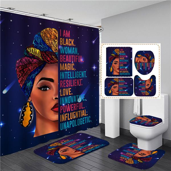 4PCS Full Set Bathroom Curtain Set Elegant African Black Woman Shower Curtain Hooks Modern Bath Mat Toilet Lid Cover Anti-slip Bath Mats