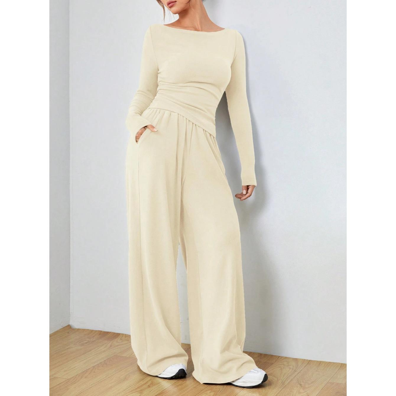 

IHUASU Осенне-зимний комплект однотонных повседневных широких брюк с длинным рукавом, модная женская одежда из двух предметов XXL абрикосовый