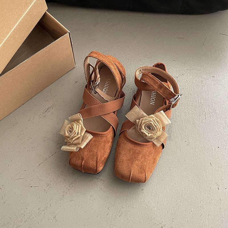 Vintage Flower Round Head Ballet Shoes Spring Cross Strap Casual Single Shoes Women's Shallow Mouth Evening Breeze Gentle Flats