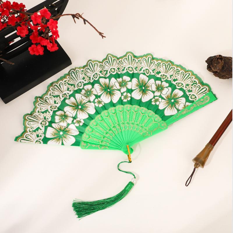 Chinese-Style Flowers Folding Fan For Performances & Hanfu Photos With Elegant Floral & Pearl Tassels Design Festive Decor