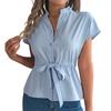 Women's Loose Casual Solid Color Button Drawstring Short Sleeved Shirt Top Short Sleeved Shirt Top