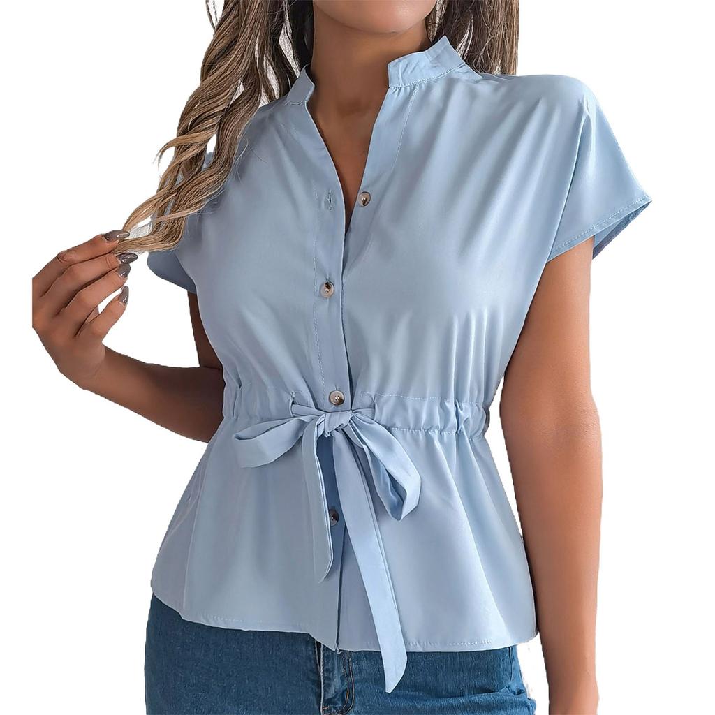 Women's Loose Casual Solid Color Button Drawstring Short Sleeved Shirt Top Short Sleeved Shirt Top